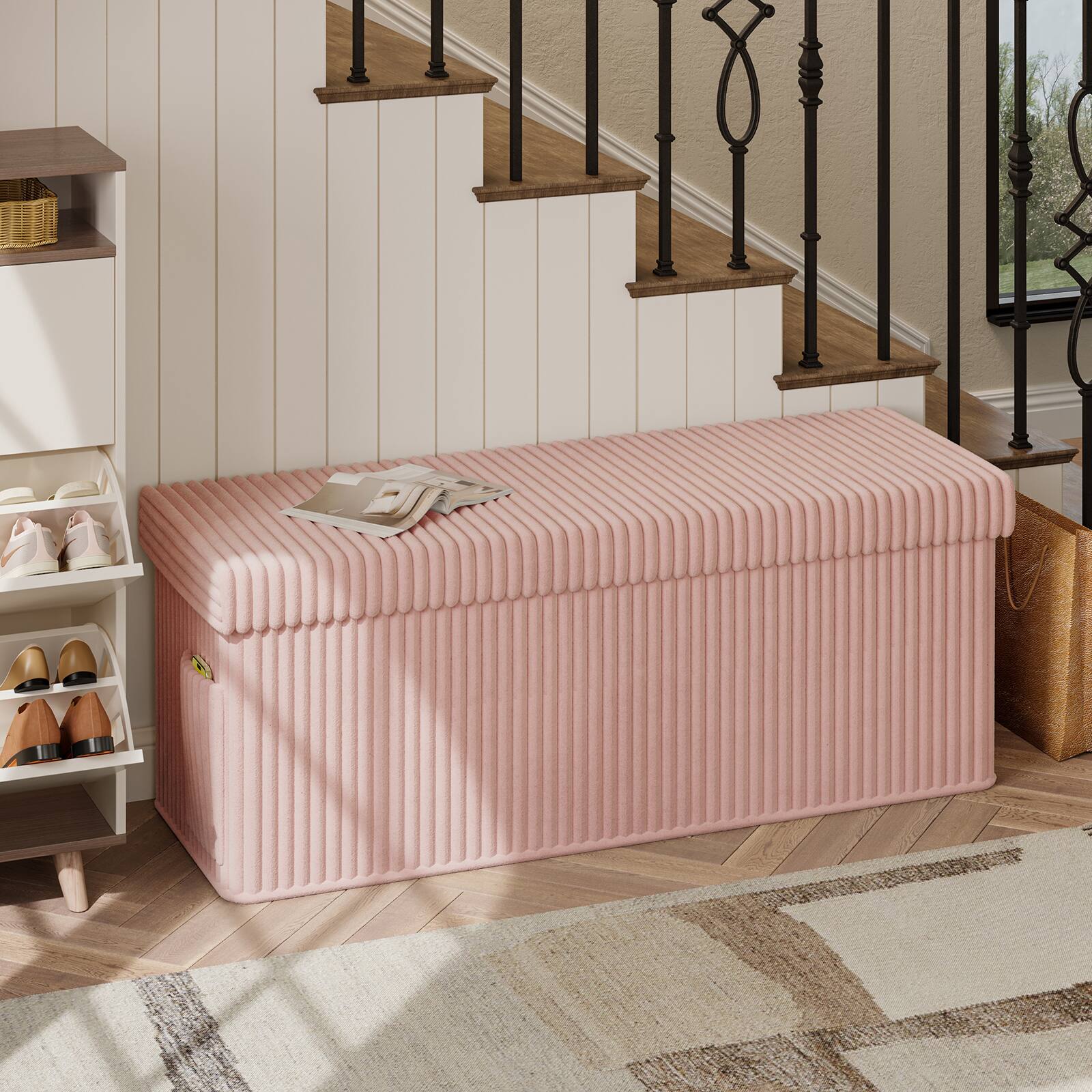 Angle. Pinmoco - Pinmoco- Corduroy Ottoman Plush Foldable Bench with Free Cozy Blanket - Pink.