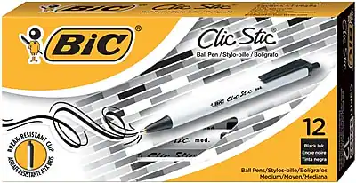 BIC Clic Stic
Ball Pen / Stylo-bille / Bolígrafo
12 Black Ink / Encre noire / Tinta negra
Medium / Moyen / Mediana
Break-Resistant Cup / Tasse résistante aux chocs
Ball Pens/Stylos-bille/Bolígrafos
12