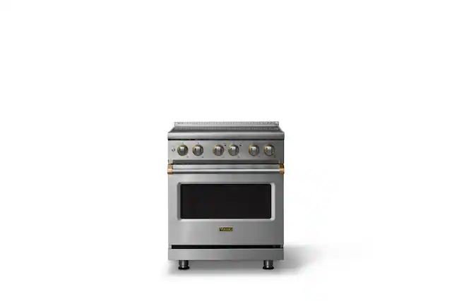 Front. Viking - 30"W. 4.7 Cu.Ft. Pro5S 4 Element Freestanding Electric Induction Convection Range - Stainless Steel/Brushed Brass - Stainless Steel.