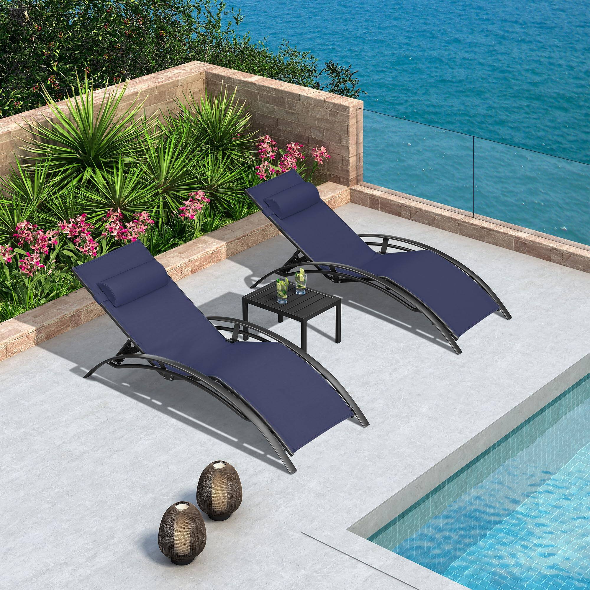 PURPLE LEAF - 3-Pieces Aluminum Outdoor Chaise Lounge Patio Lounge Chair with Side Table - Navy Blue price history on PriceWatchPro