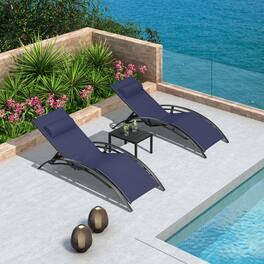 PURPLE LEAF - 3-Pieces Aluminum Outdoor Chaise Lounge Patio Lounge Chair with Side Table - Navy Blue