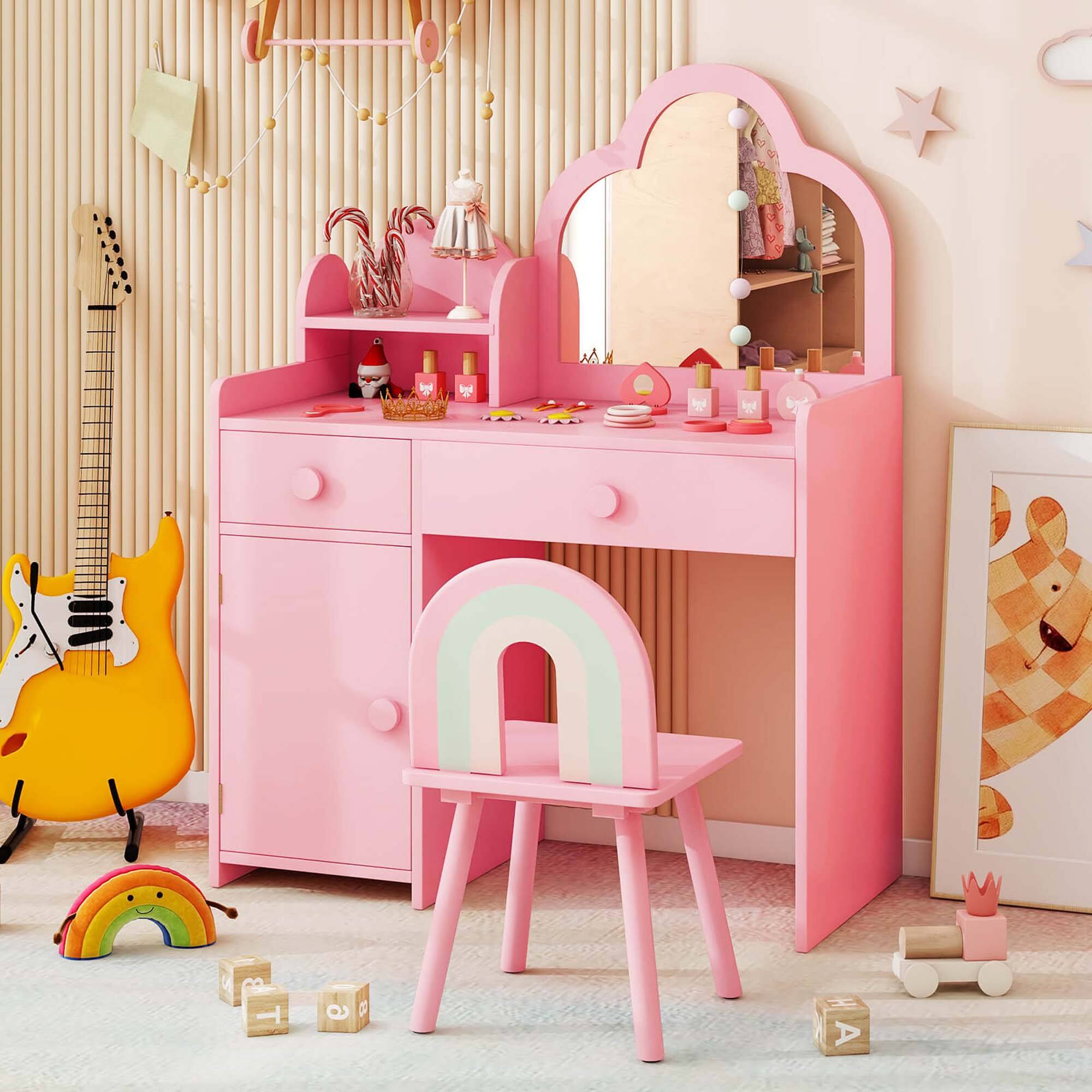 Alt View 4. Costway - Costway Kids Vanity Table and Chair Set with Cloud-shaped Mirror Open Shelf Storage Drawers - Pink.