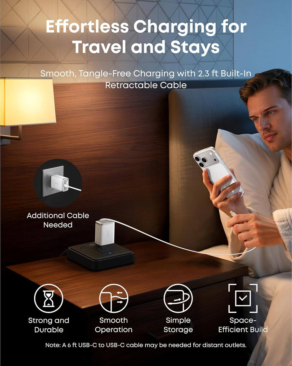 Effortless Charging for Travel and Stays

Smooth, Tangle-Free Charging with 2.3 ft Built-In Retractable Cable

Additional Cable Needed

Strong and Durable

Smooth Operation

Simple Storage

Space-Efficient Build

Note: A 6 ft USB-C to USB-C cable may be needed for distant outlets.