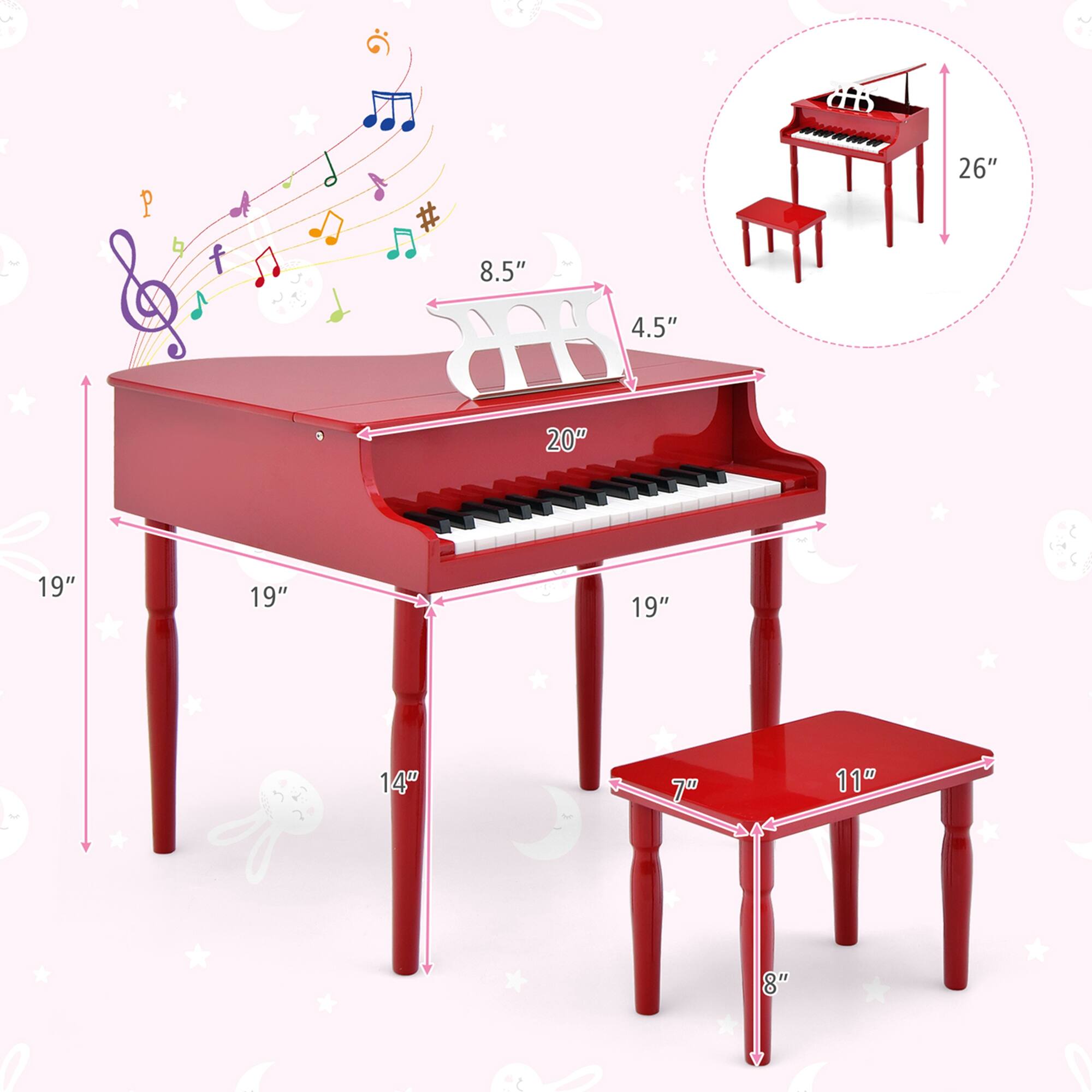 The text on the image reads: 26" 8.5" 4.5" 20" 1 19" 19" 19" 14" 7" 11" 8". This is a measurement chart for a toy piano, with the measurements of the piano and the accompanying stool.