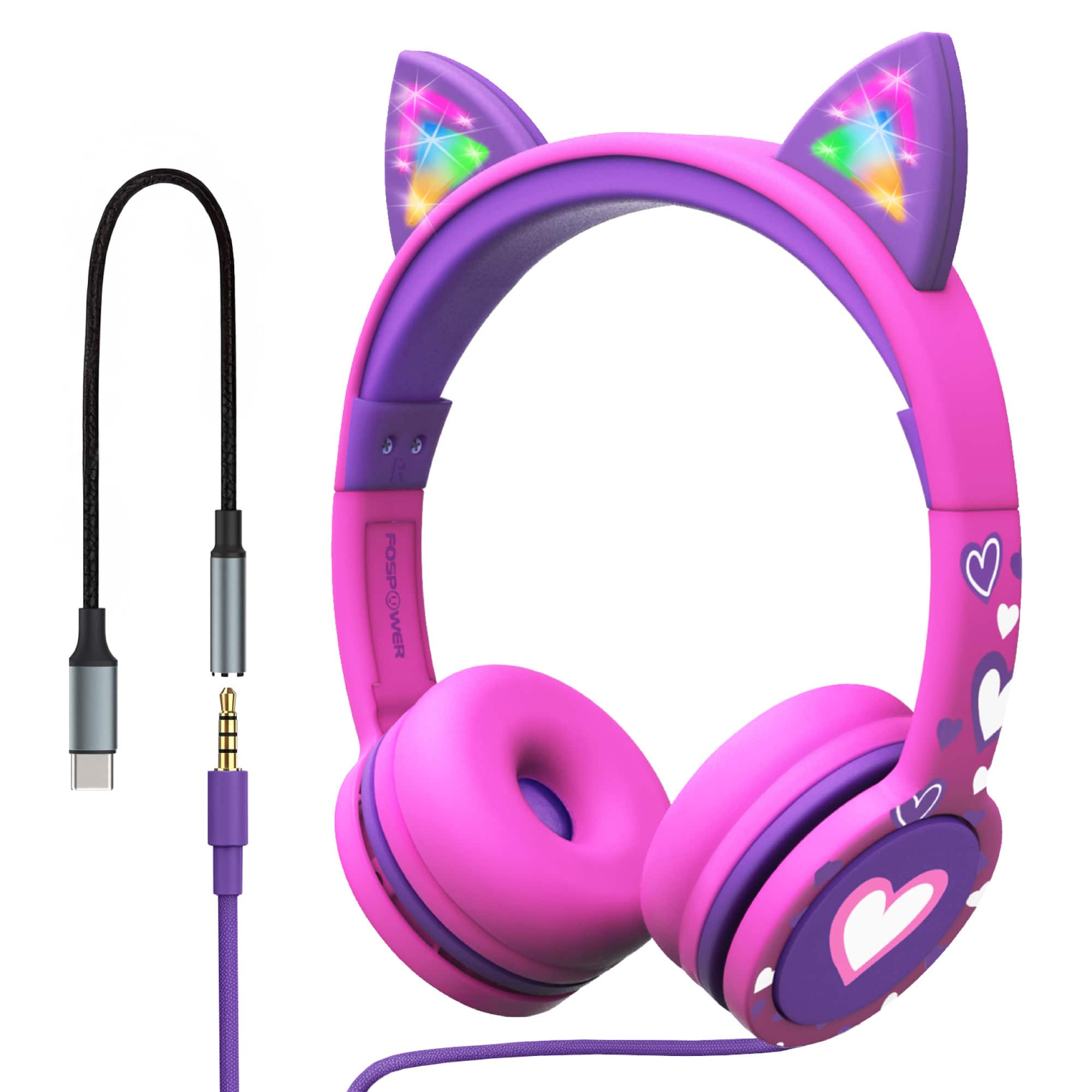 FosPower - Kids Headphones USB C Over Ear Headphones for Kids with Cord, Wired Headset 3.5mm Light Up LED Cat Ears For School iPad - Hot Pink|Purple
