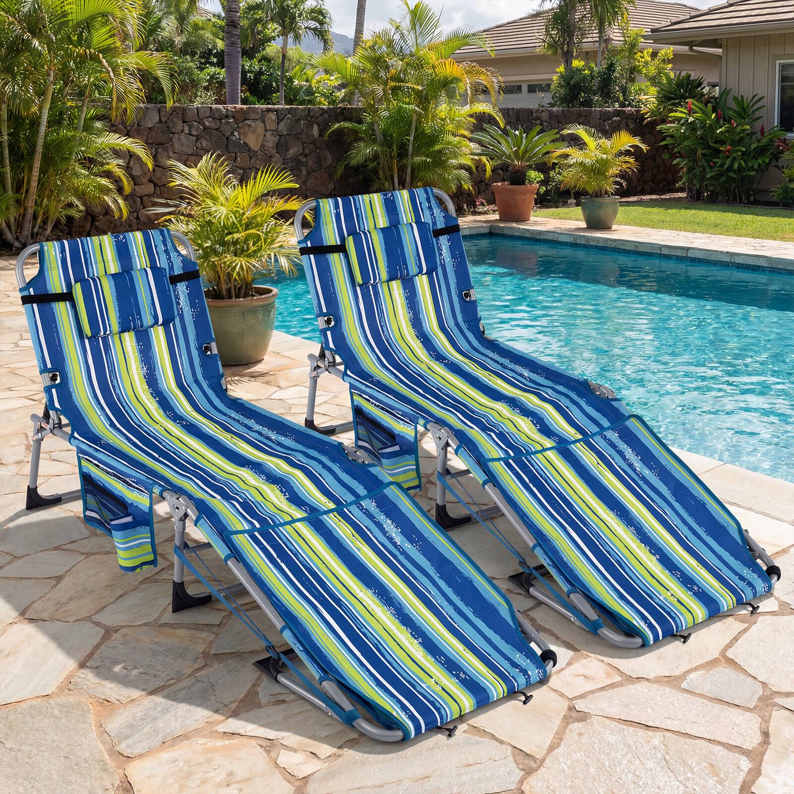 Alt View 1. Gymax - Gymax 2PCS Tanning Chair w/Face Arm Holes 4-Level Backrest & Head Pillow Side Pocket - Blue.