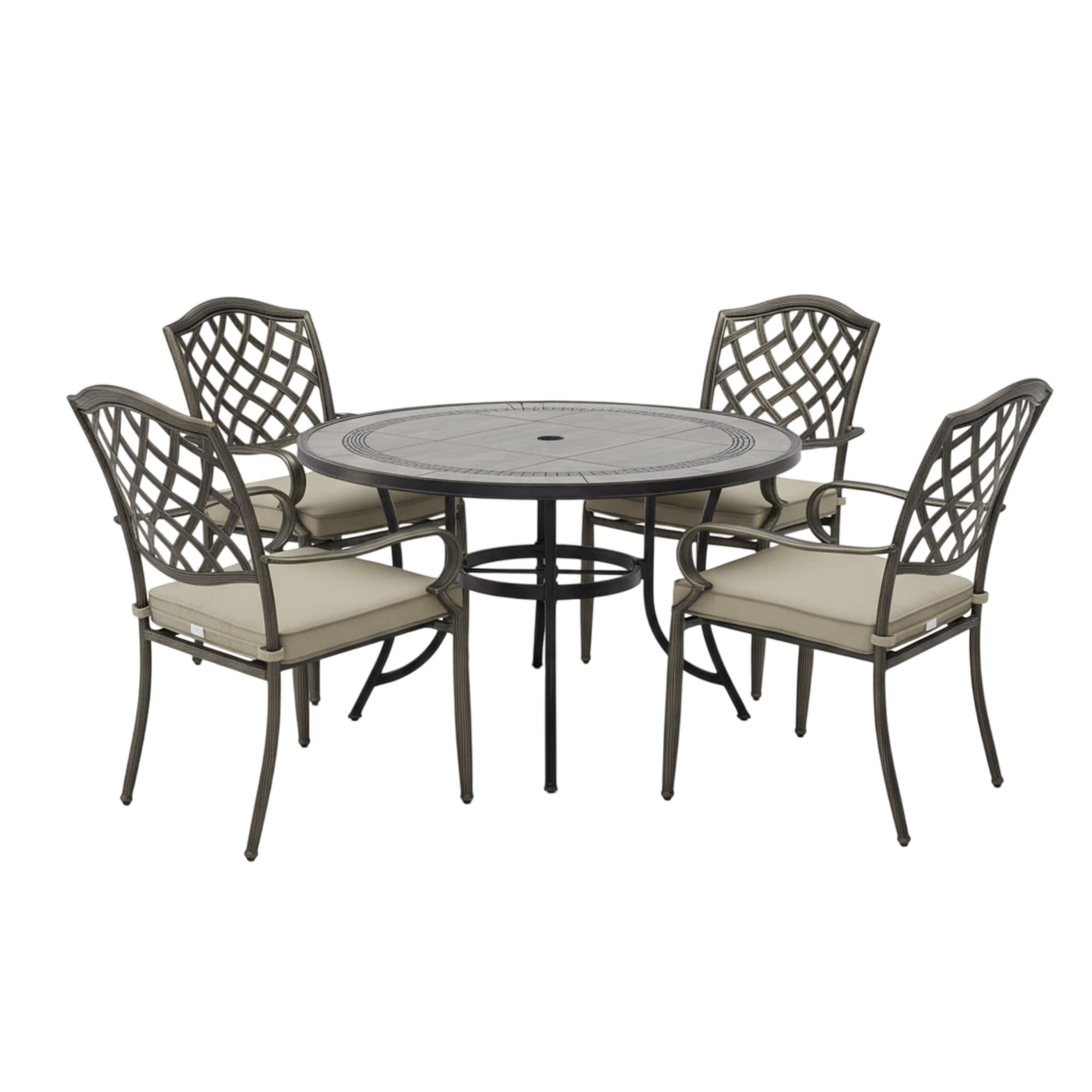 Mondawe - 5-Piece Outdoor Dining Set with Round Gray Ceramic Tile Table and 4 Chairs with Cushions - Bronze+Grey
