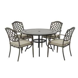 Mondawe - 5-Piece Outdoor Dining Set with Round Gray Ceramic Tile Table and 4 Chairs with Cushions - Bronze+Grey