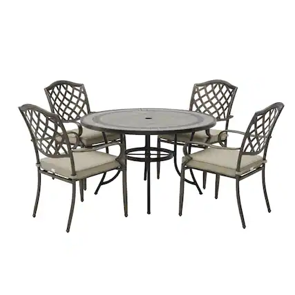 Front. Mondawe - 5-Piece Outdoor Dining Set with Round Gray Ceramic Tile Table and 4 Chairs with Cushions - Bronze+Grey.