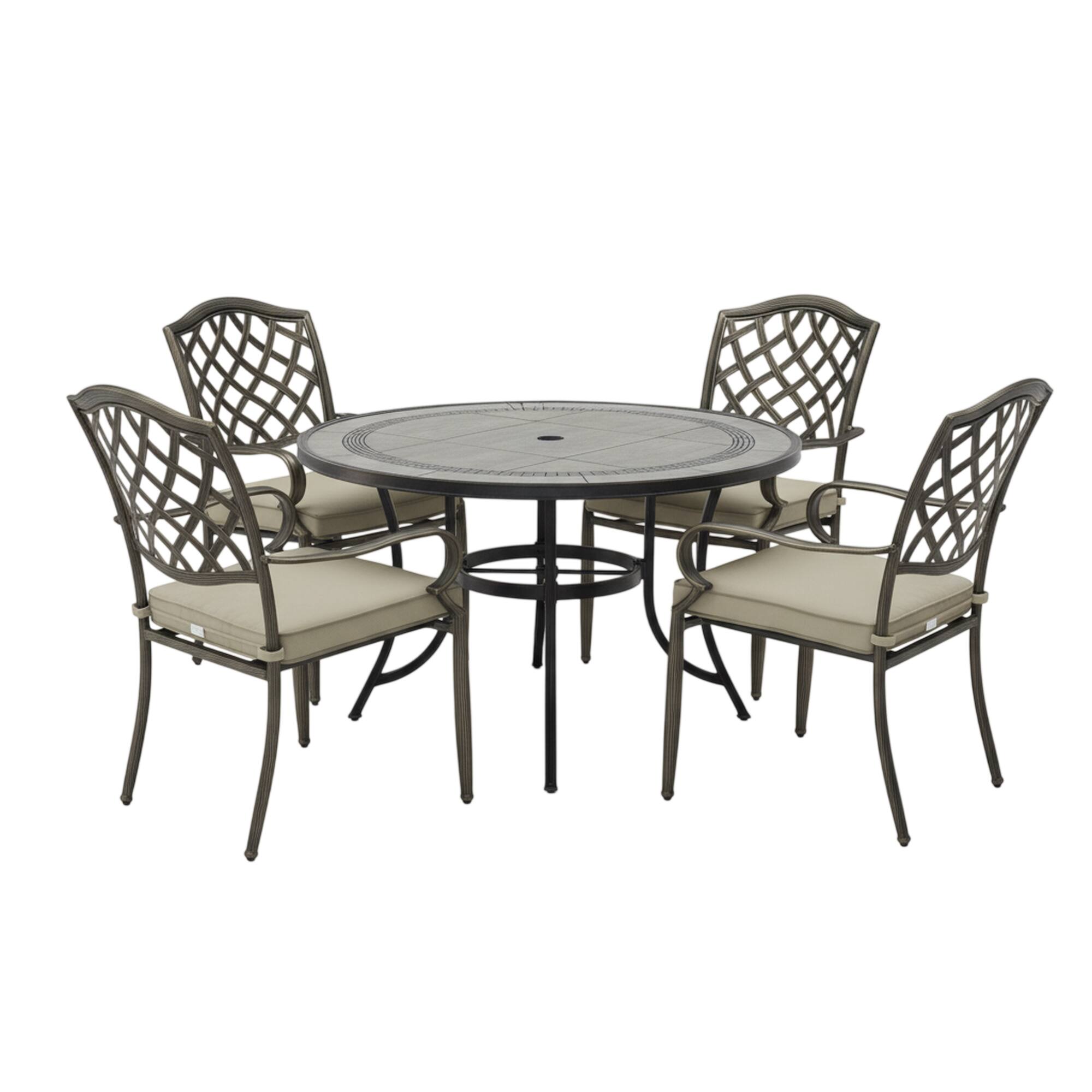 Front. Mondawe - 5-Piece Outdoor Dining Set with Round Gray Ceramic Tile Table and 4 Chairs with Cushions - Bronze+Grey.