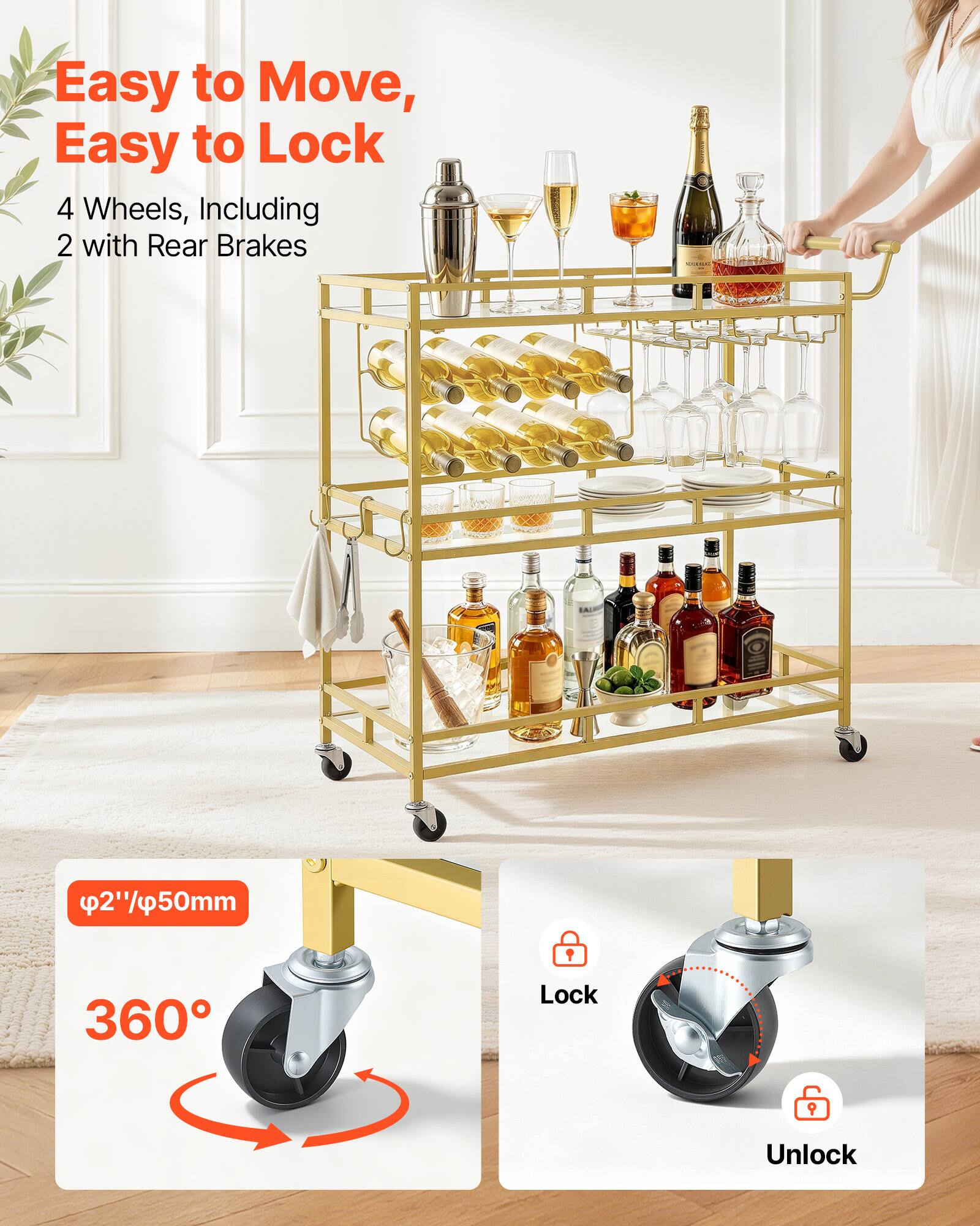 Easy to Move, Easy to Lock  
4 Wheels, Including 2 with Rear Brakes  
2"/50mm  
360° Lock  
Unlock