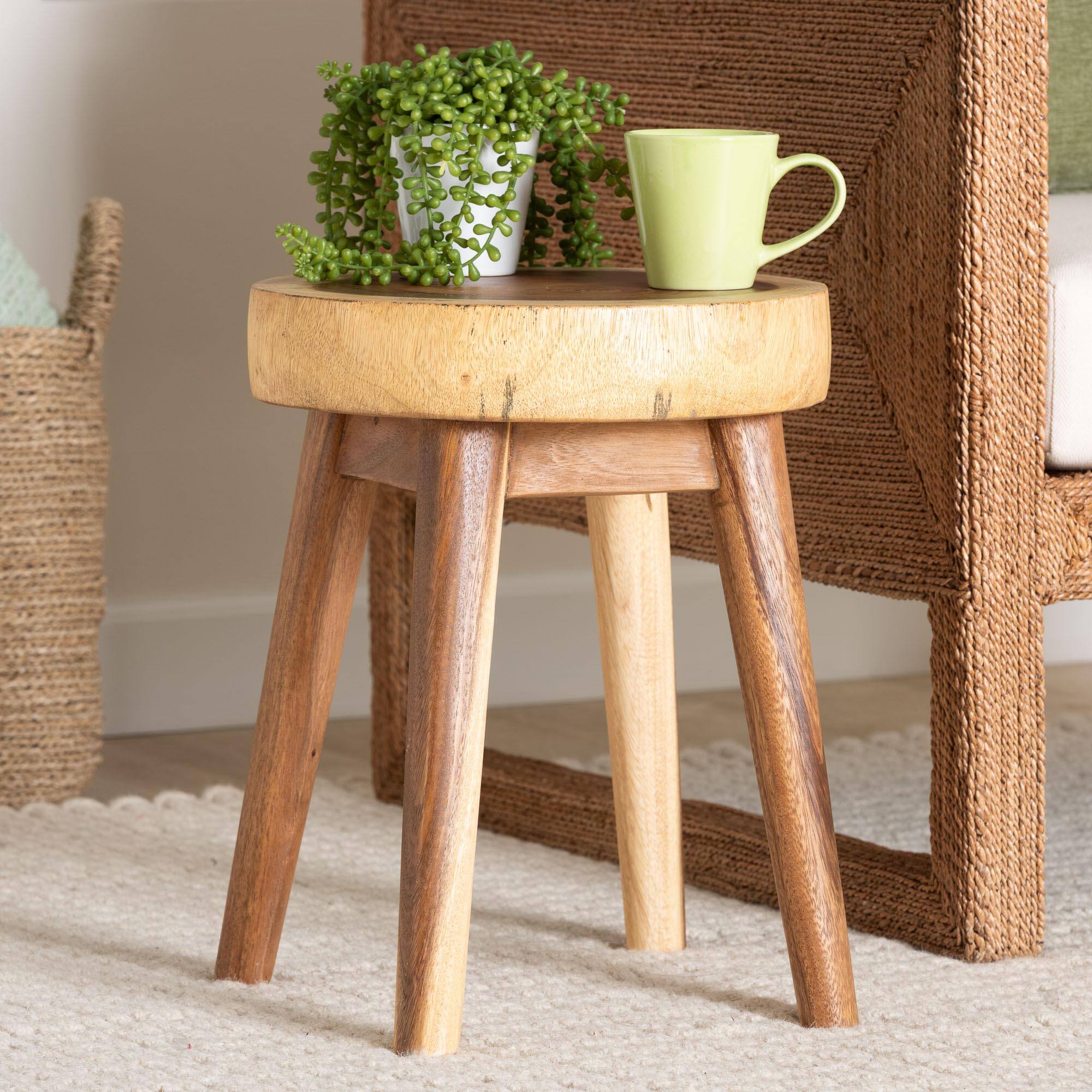 Alt View 2. bali & pari - Jia Suar Wood End Table - Handcrafted Side Table with Live Edge Round Top and Tapered Legs, Accent Furniture - Natural Brown.