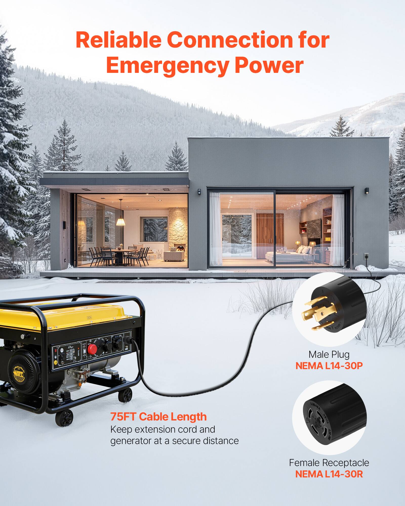 VEVOR 30 Amp Generator Cord and Power Inlet Box, 75 FT, 125/250V NEMA ...