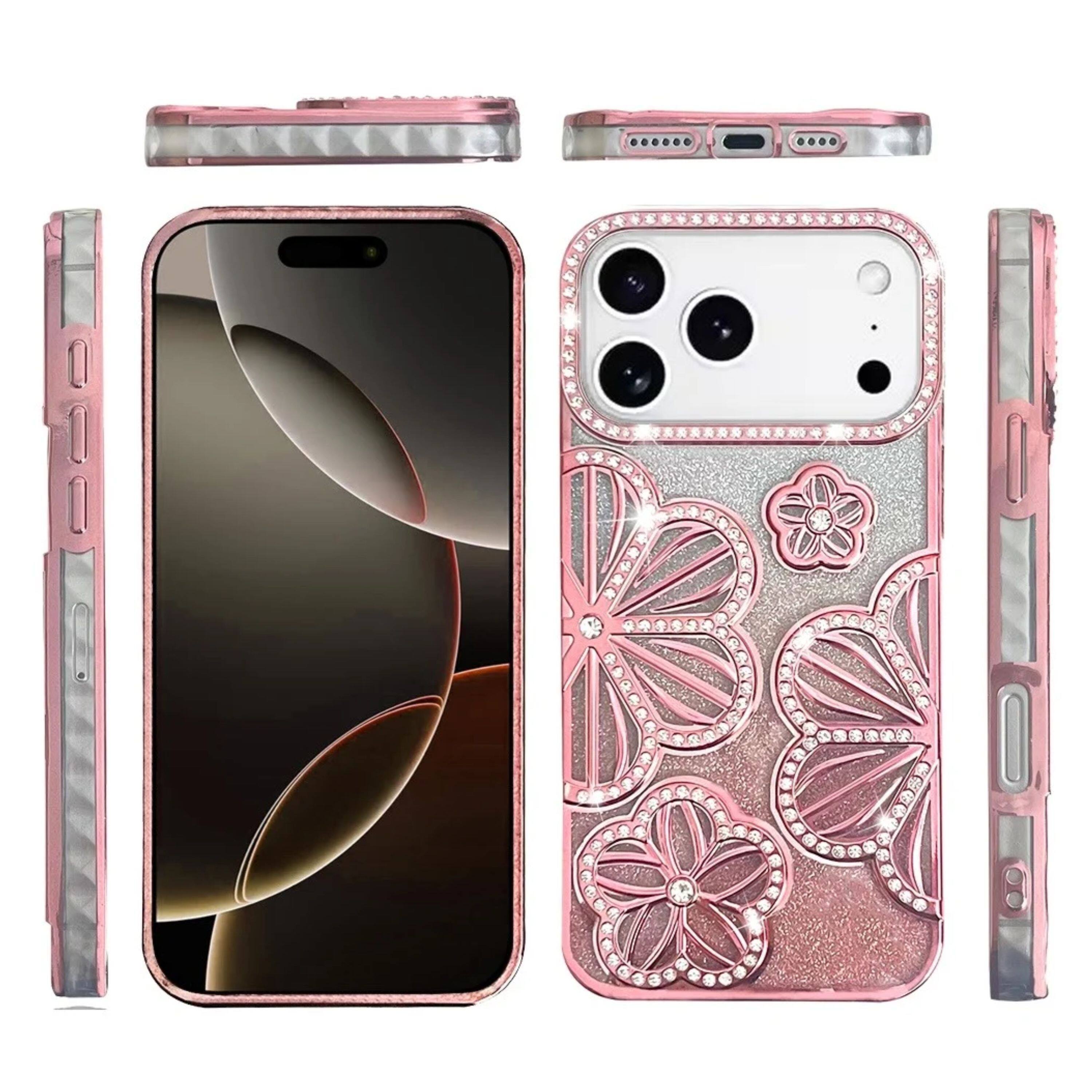 Angle. Kitcheniva - Floral 3D Glitter Phone Cover With Tempered Glass For iPhone 17 Pro Max Rose Gold - Rose Gold.