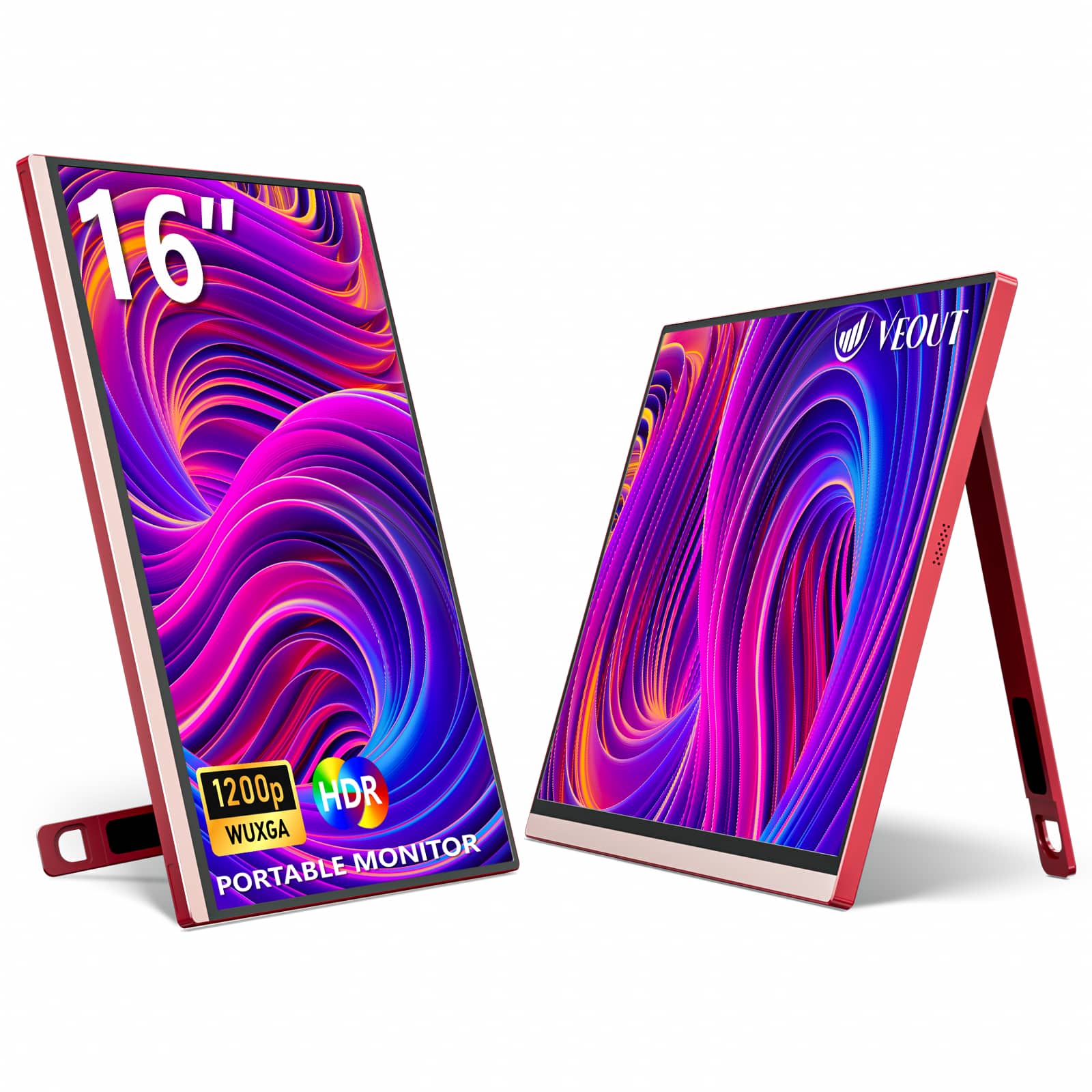 ZACHVO - 16" Portable 1920×1200P IPS Monitor, USB-C & HDMI, 0.3" Ultra-Slim, with Kickstand for Travel & Office - Red