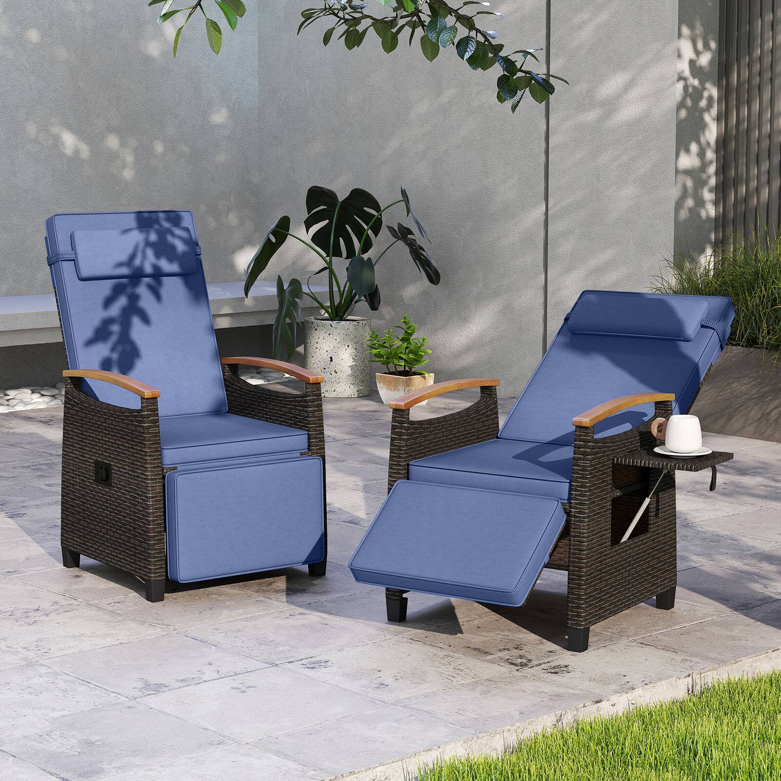 Alt View 1. Gymax - Gymax 2PCS Patio Rattan Lounge Chair PE Wicker Recliner Chair w/ Adjustable Backrest & Footrest Navy - Mix Brown, Navy.