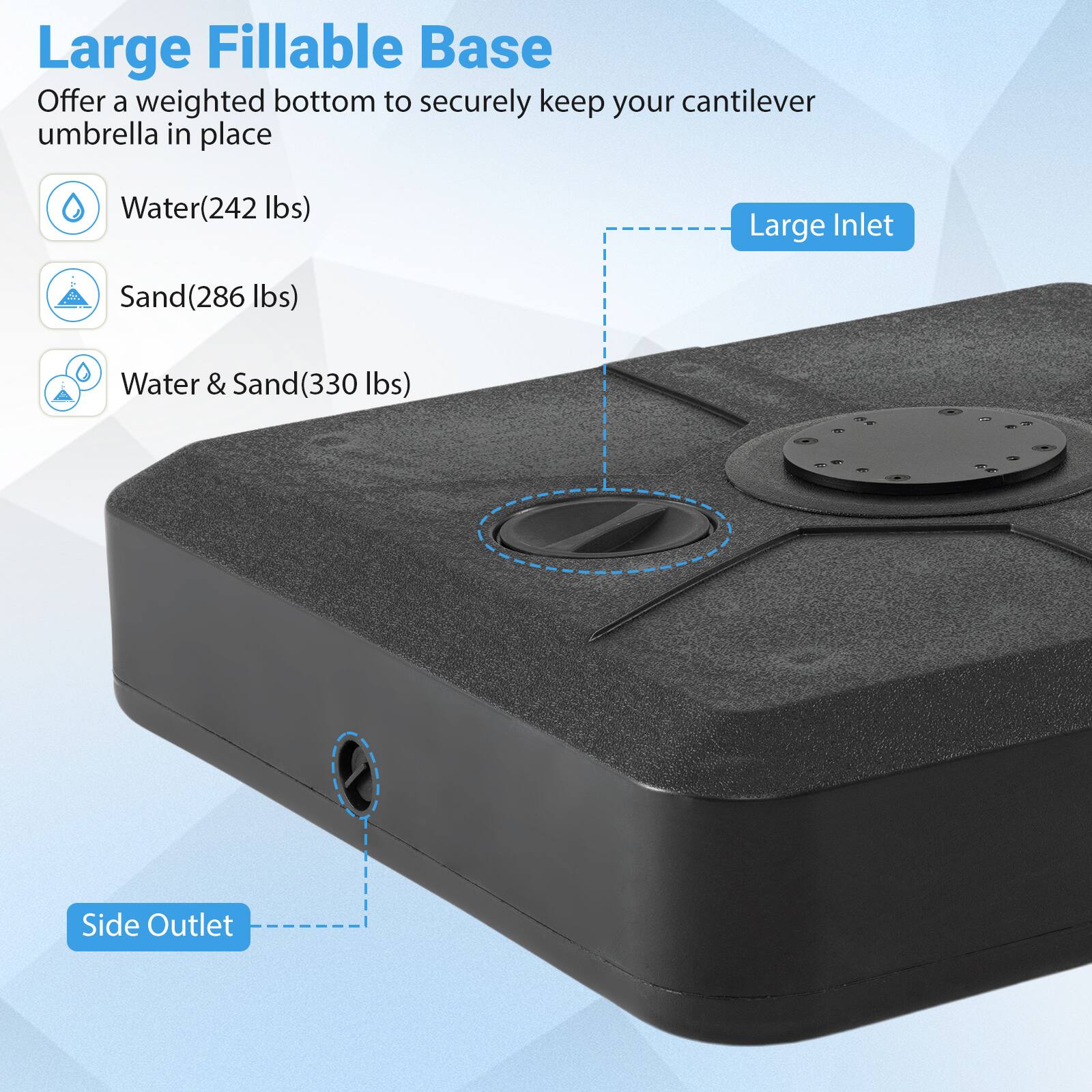 Large FILLABLE BASE  
Offer a weighted bottom to securely keep your cantilever umbrella in place

- Water (242 lbs)
- Sand (286 lbs)
- Water & Sand (330 lbs)

Large Inlet  
Side Outlet