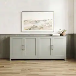 Martha Stewart - Wooden 4-Door TV Stand-Adjustable Shelves-Solid Wood Frame/Legs - Bedford Gray/Brushed Stainless Steel Hardware