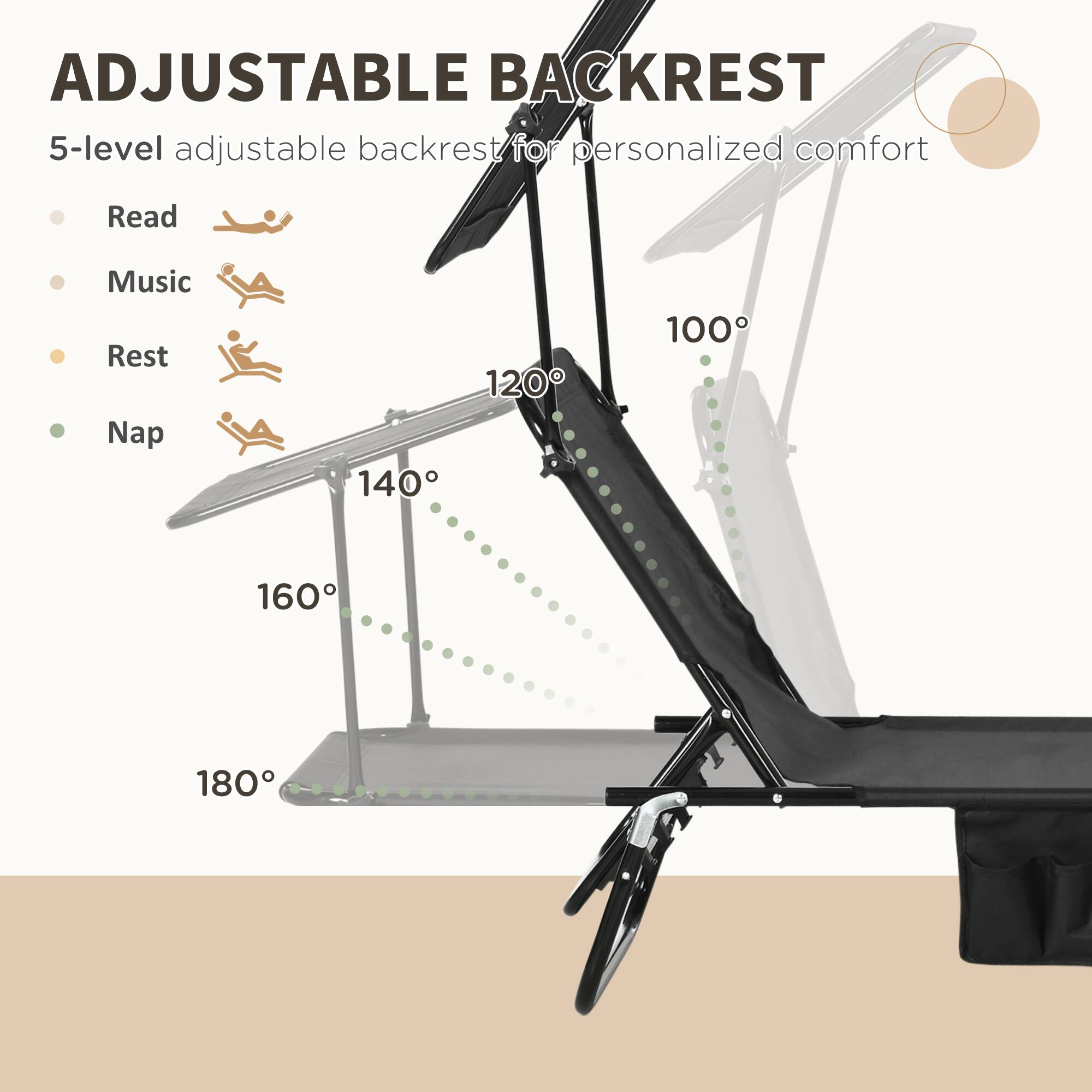 ADJUSTABLE BACKREST  
5-level adjustable backrest for personalized comfort  

- Read  
- Music  
- Rest  
- Nap  

100°  
120°  
140°  
160°  
180°