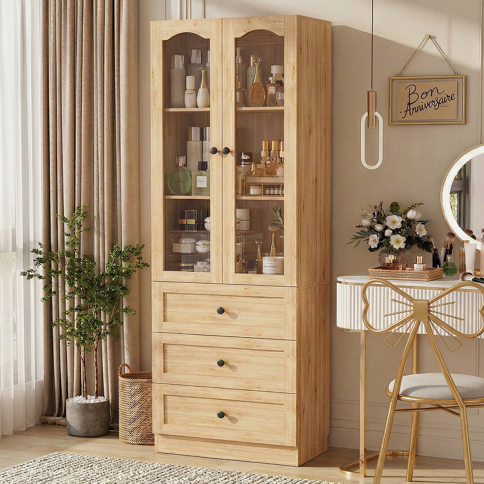 Alt View 4. Aheaplus - 80'' Tall Bookcase with 3 Drawers, Glass Doors, and 3-Tier Shelves - Nature.