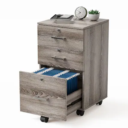 Front. Winado - 26"H 3 Drawer File Cabinet with Lock Wood File Cabinets with Hanging Bar - Gray Oak.