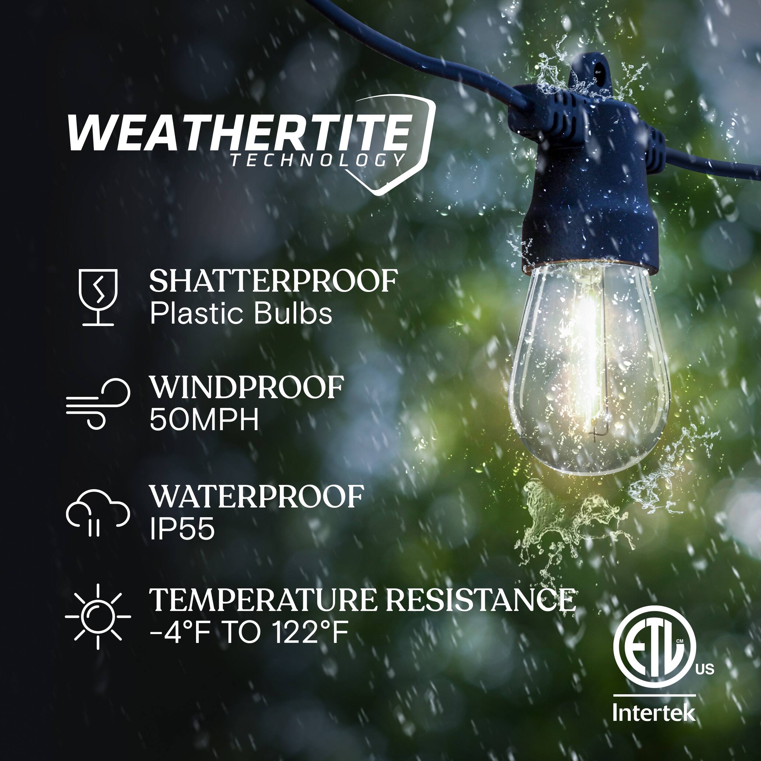 WEATHERTITE TECHNOLOGY  
- SHATTERPROOF Plastic Bulbs  
- WINDPROOF 50MPH  
- WATERPROOF IP55  
- TEMPERATURE RESISTANCE -4°F TO 122°F  

ETL US Intertek