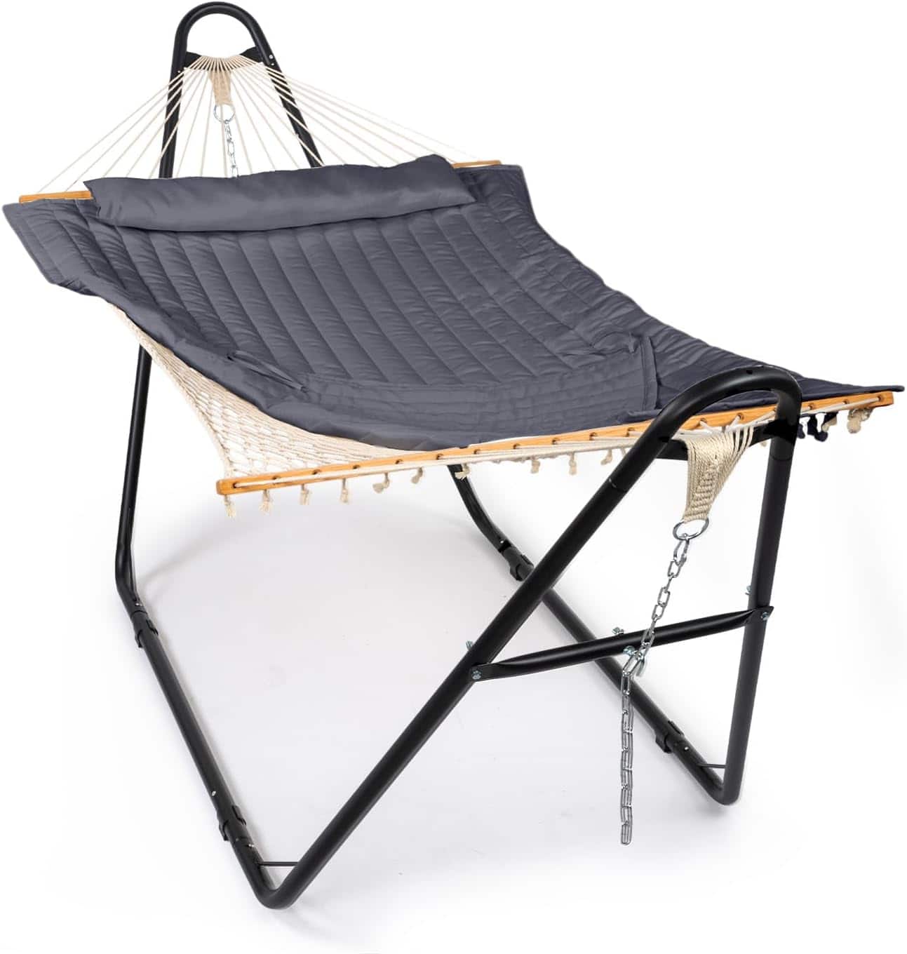 Winado - 10 FT Hammock Set, Hammock with Stand, Rope Hammock, Pillow, Pad, Adjustable Steel chains for Outdoor Garden Backyard - Black & Grey