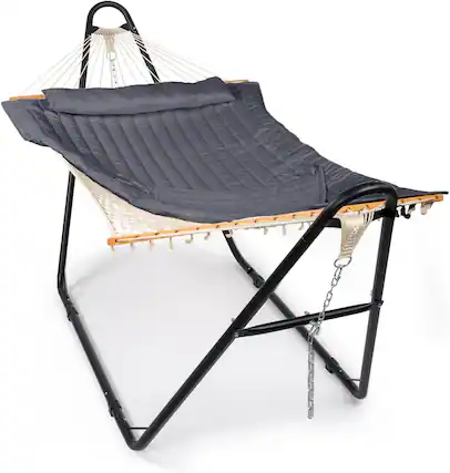 Front. Winado - 10 FT Hammock Set, Hammock with Stand, Rope Hammock, Pillow, Pad, Adjustable Steel chains for Outdoor Garden Backyard - Black & Grey.