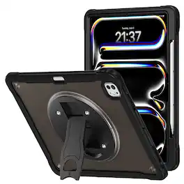 Dteck - Shockproof Case for Apple iPad Pro (M5) 13" 2025 with Strap, Heavy Duty Kickstand Protective Cover VESA Mount Compatible - Black