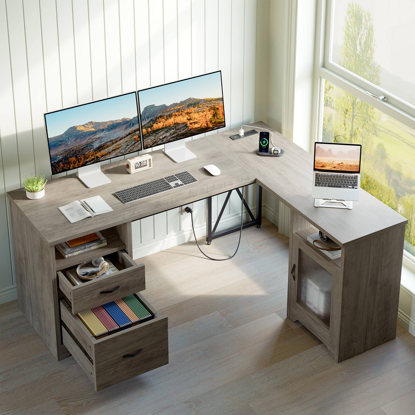 Alt View 1. Bestier - 63-inch L Shaped Desk with Monitor Stand & Drawers, LED Computer Desk with Charging Station & Cabinet - Grey.