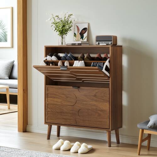 Back. LUCKY ONE - 31.5in Freestanding Walnut Shoe Cabinet with 2 Flip Drawers Paperclip Groove for Entryway - Walnut.