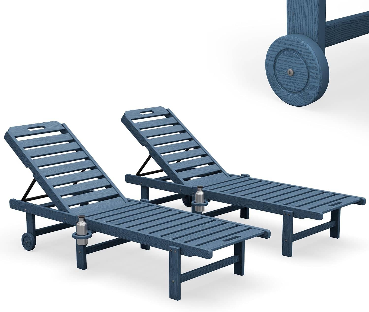 SERWALL - Outdoor Armless Chaise Lounge Chairs Set of 2 with Cupholder and Wheels - Blue