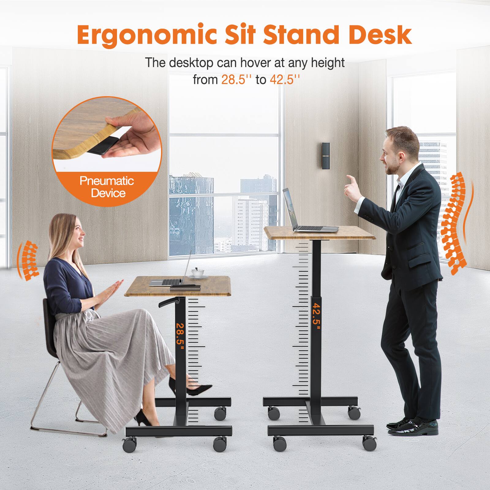 Ergonomic Sit Stand Desk

The desktop can hover at any height from 28.5" to 42.5"

Pneumatic Device