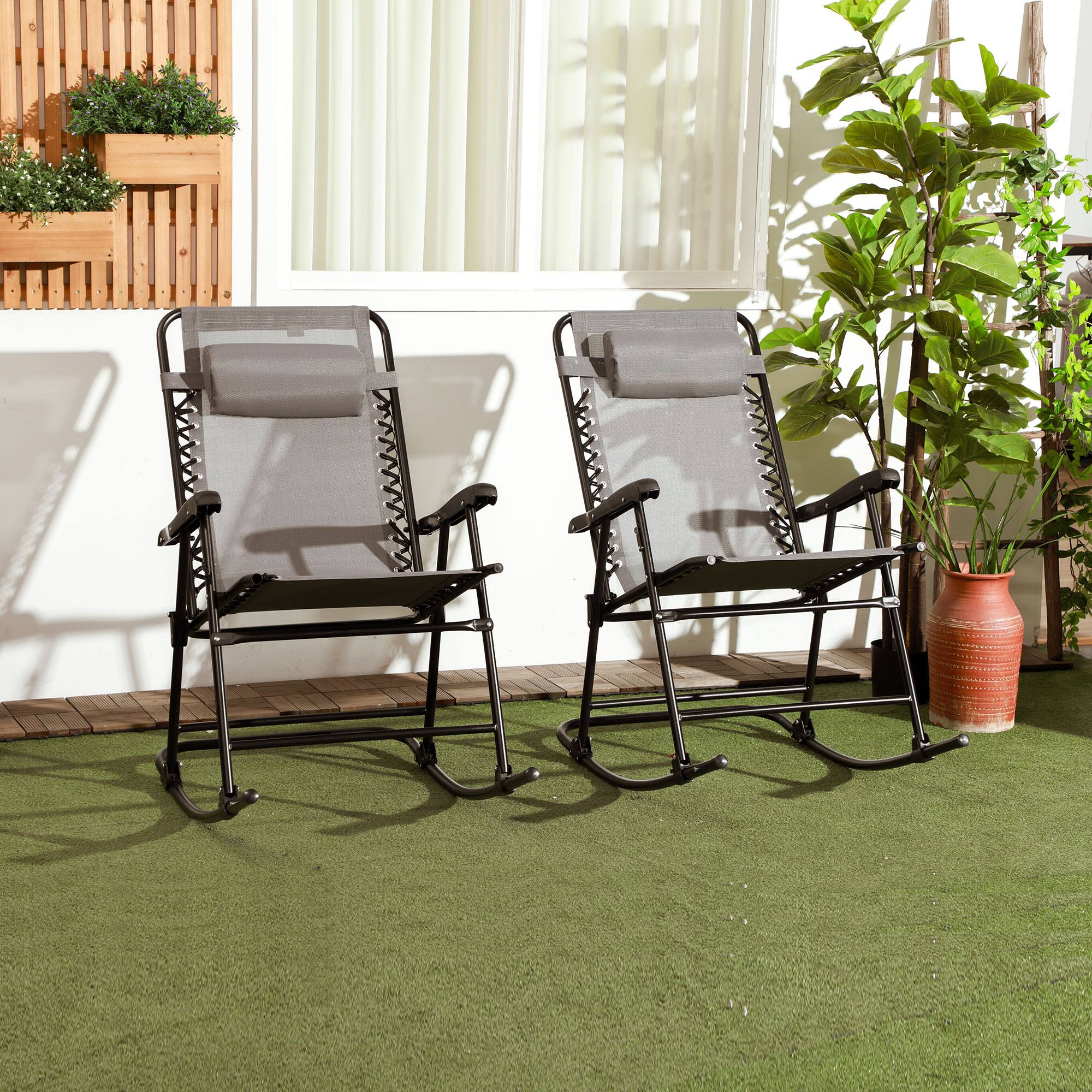 Alt View 1. Outsunny - Rocking Chair Set of 2, Patio Folding Lawn Rocker Set with Headrests for Yard, Patio, Deck - Gray.