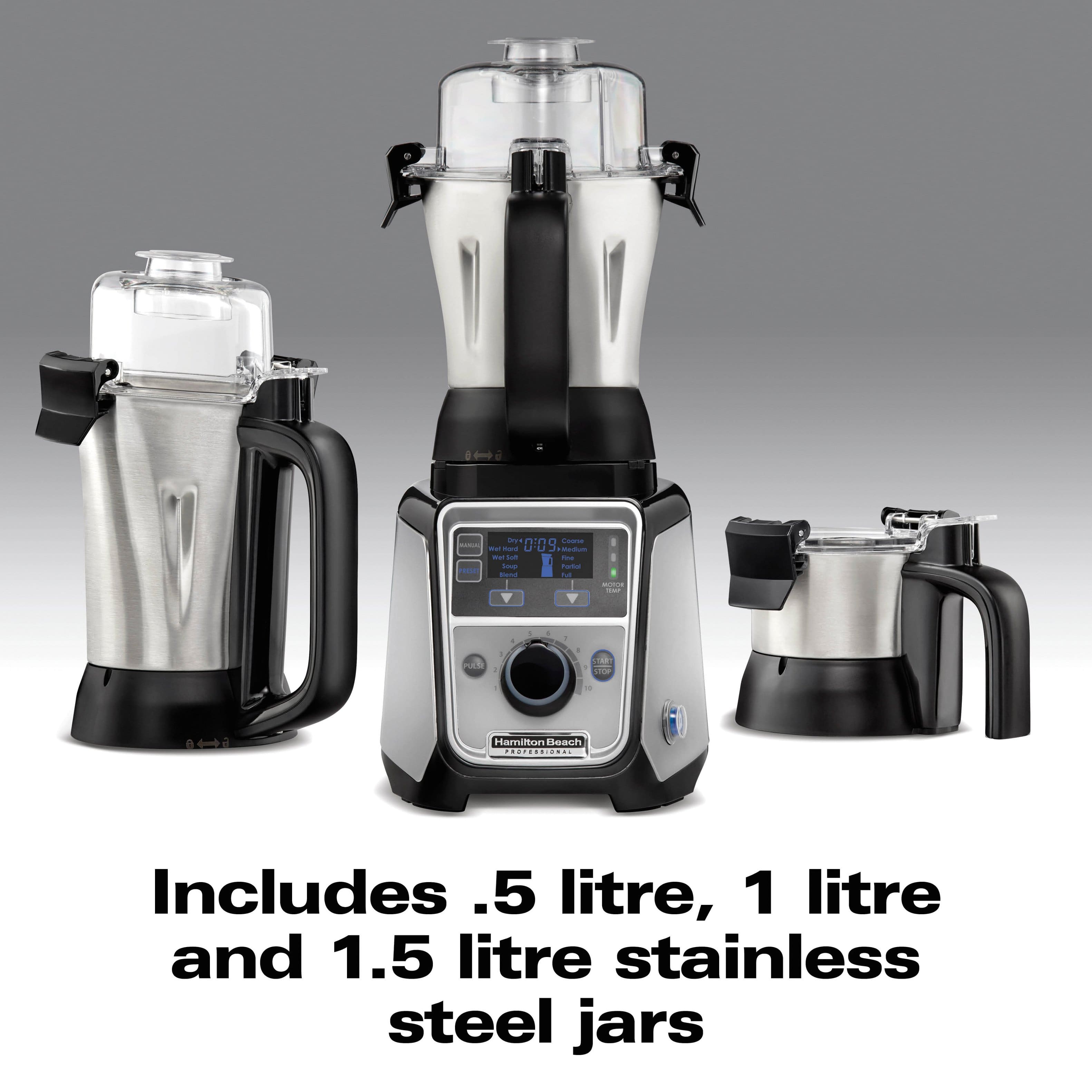Includes .5 litre, 1 litre and 1.5 litre stainless steel jars