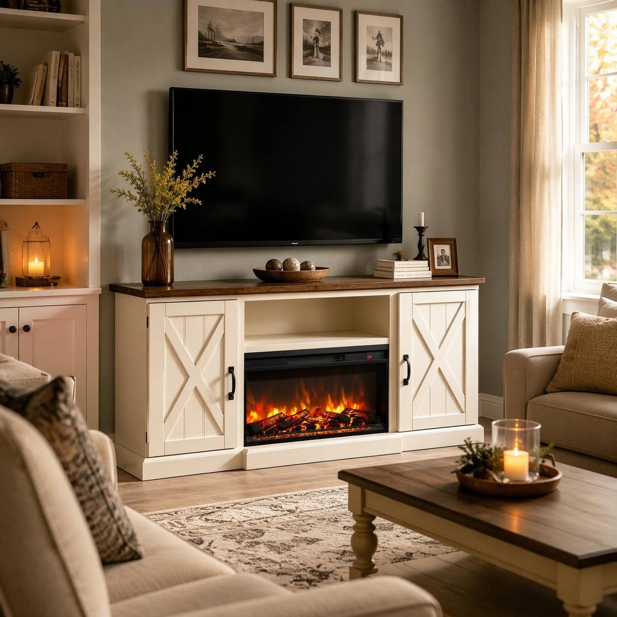 Left. RYHNUYNE - 30" Electric Fireplace Insert – Ultra Thin Heater with Log Set, Realistic Flame, Remote Control & Timer - Antique Black.