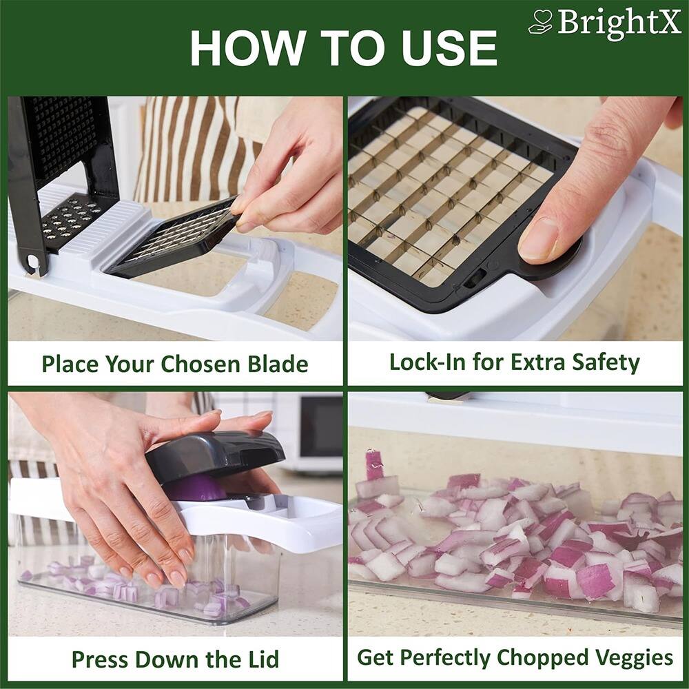 Sure, here is the corrected and grouped text:

---

**HOW TO USE**

1. **Place Your Chosen Blade**
2. **Lock-In for Extra Safety**
3. **Press Down the Lid**
4. **Get Perfectly Chopped Veggies**

---

**BrightX**