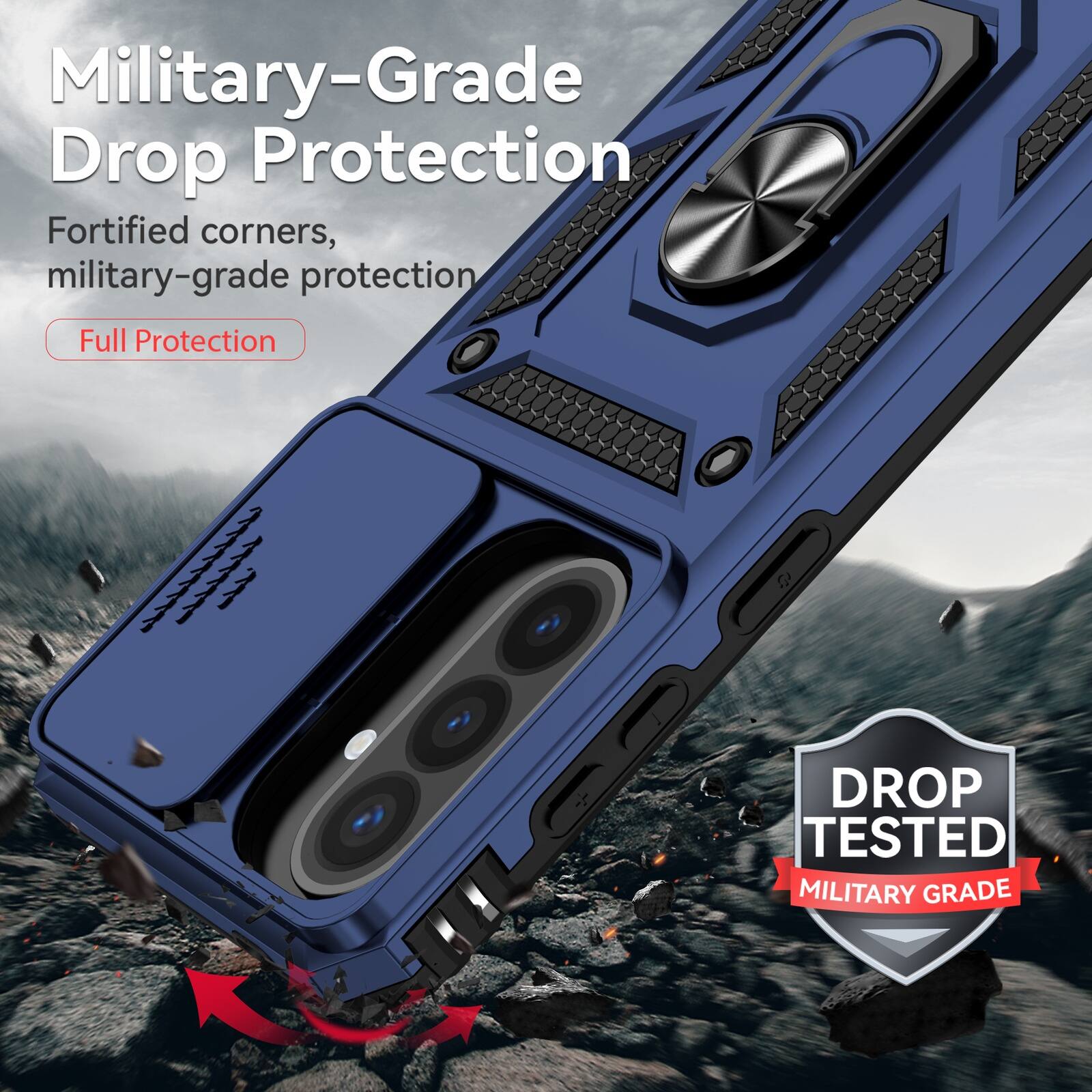 Military-Grade Drop Protection  
Fortified corners, military-grade protection  
Full Protection  

DROP TESTED MILITARY GRADE