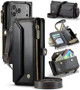 Dteck - Crossbody Wallet Case for Apple iPhone 17 Pro with Card Slots and Zipper Pocket, RFID Blocking PU Leather Cover - Black