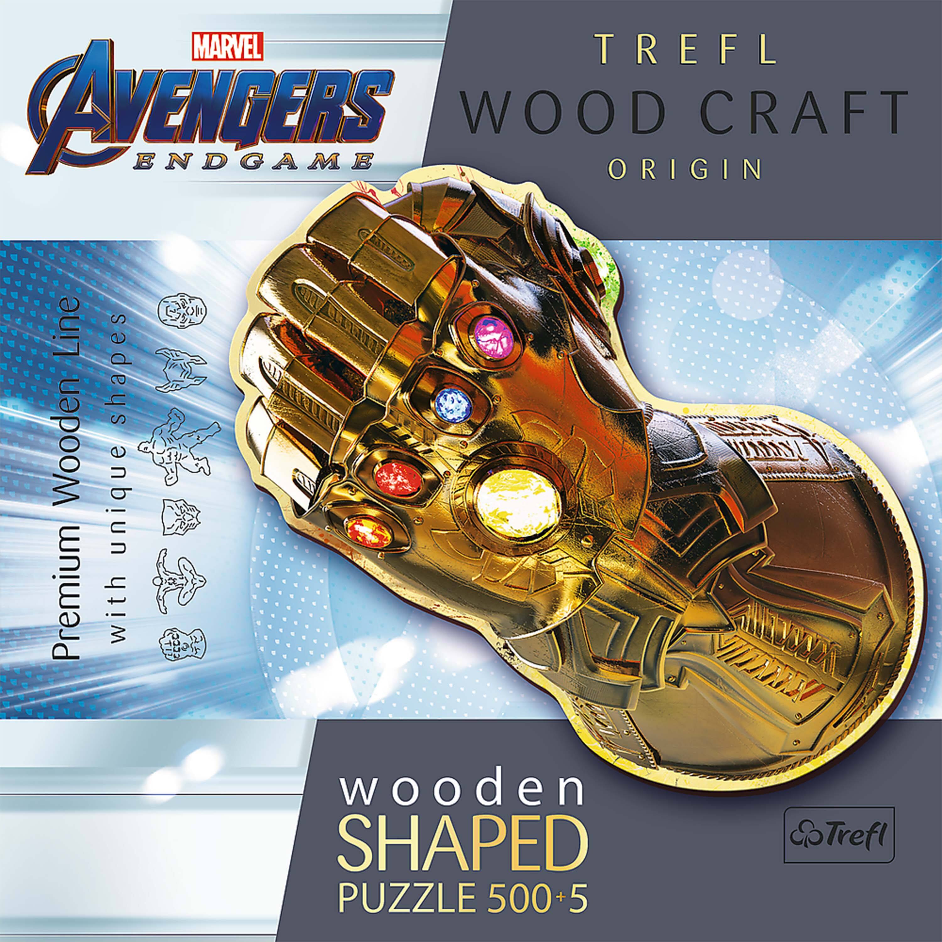 MARVEL Avengers ENDGAME  
TREFL  
WOOD CRAFT  
ORIGIN  

Premium Wooden Line with unique shapes  
wooden SHAPED PUZZLE 500+5