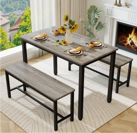 Front. Aukfa - Dining Table Set for 4 - 3-Piece Set with 2 Benches, Kitchen Table & Chairs for Breakfast Nook - Gray.