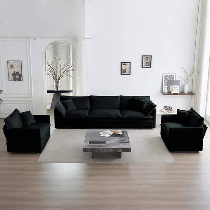 Front. LOVMOR - Sofa Set of 3 113 Seats Living Room Sofa Set Accent Chair Loveseat and ThreeSeat Sofa Modern Style Round Arms 3 Piece - Black.