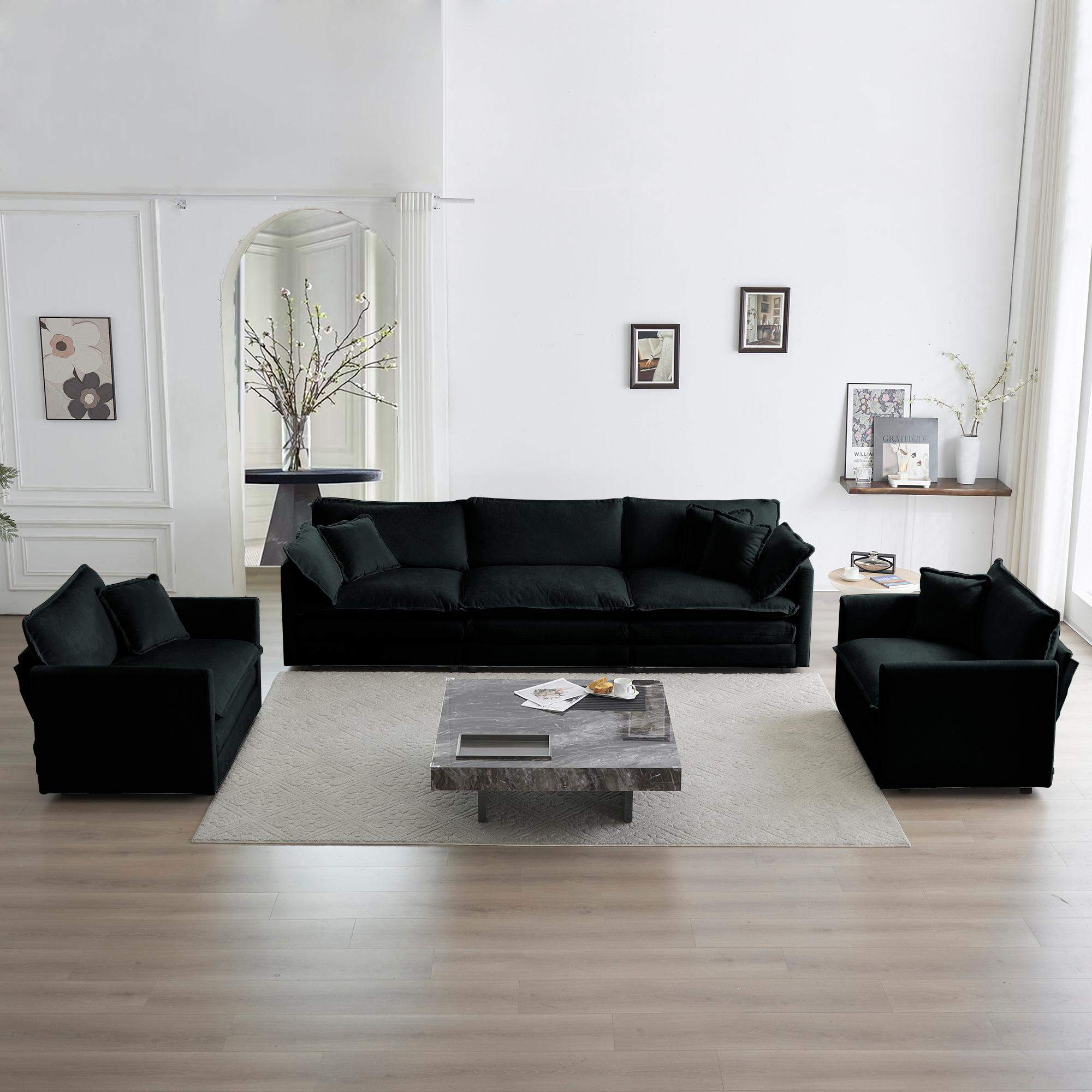 Front. LOVMOR - Sofa Set of 3 113 Seats Living Room Sofa Set Accent Chair Loveseat and ThreeSeat Sofa Modern Style Round Arms 3 Piece - Black.