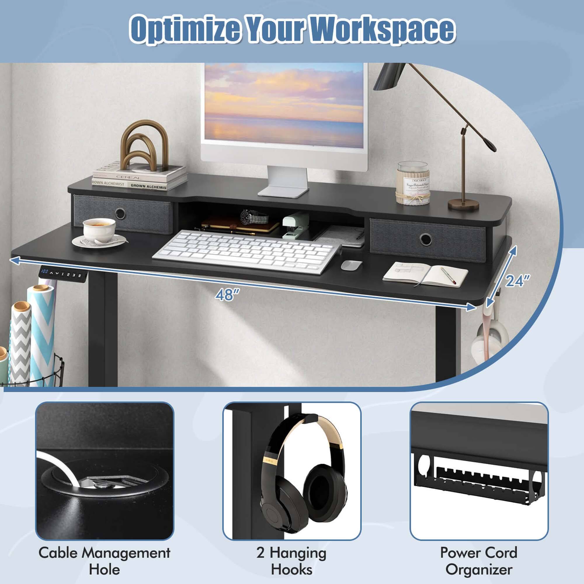 Optimize Your Workspace

- 48" x 24" Cable Management Hole
- 2 Hanging Hooks
- Power Cord Organizer