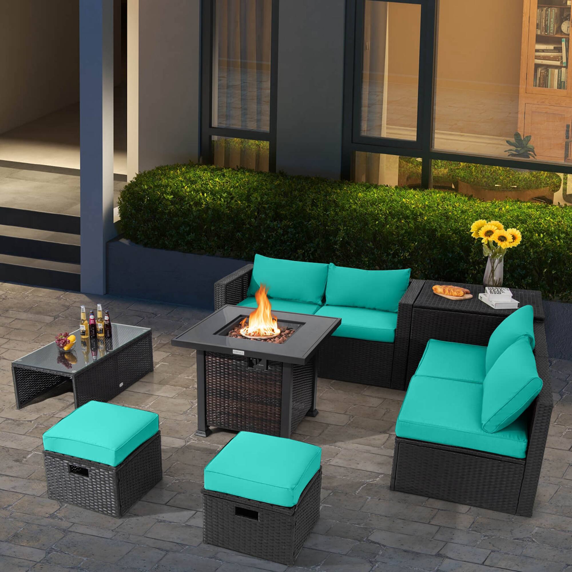 Alt View 3. Costway - 9 PCS Patio Furniture Set with 32" Fire Pit Table 50,000 BTU Square Propane Fire Pit - Turquoise.