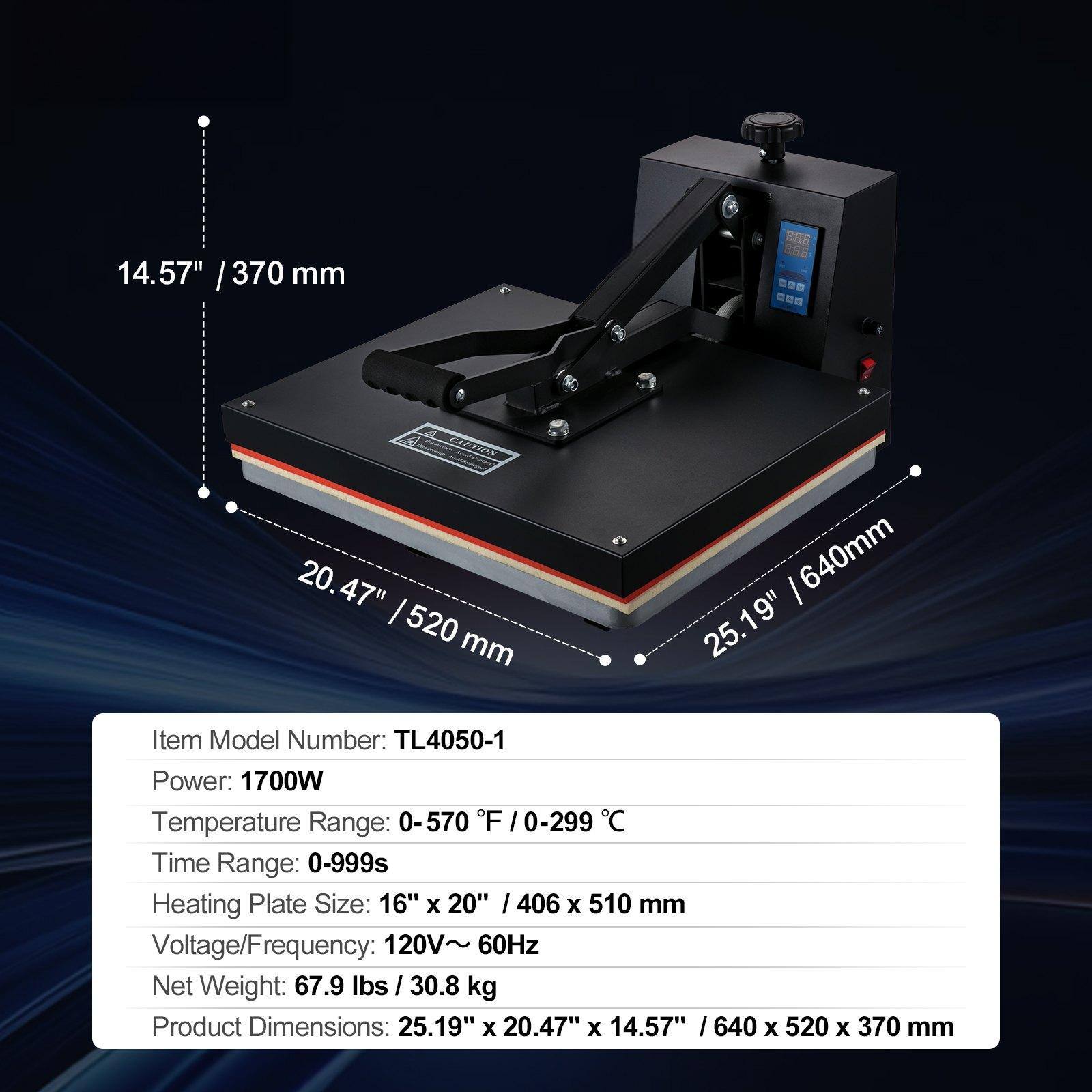 14.57" / 370 mm  
20.47" / 520 mm  
25.19" / 640 mm  

Item Model Number: TL4050-1  
Power: 1700W  
Temperature Range: 0-570°F / 0-299°C  
Time Range: 0-999s  
Heating Plate Size: 16" x 20" / 406 x 510 mm  
Voltage/Frequency: 120V~ 60Hz  
Net Weight: 67.9 lbs / 30.8 kg  
Product Dimensions: 25.19" x 20.47" x 14.57" / 640 x 520 x 370 mm