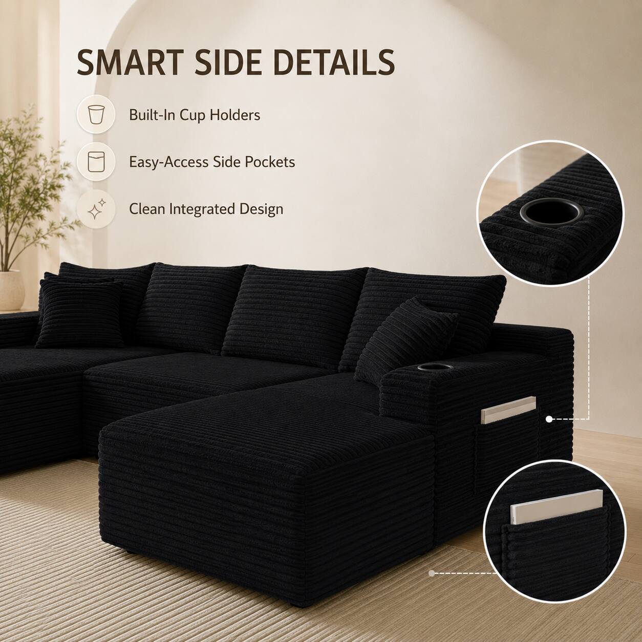 SMART SIDE DETAILS
- Built-In Cup Holders
- Easy-Access Side Pockets
- Clean Integrated Design