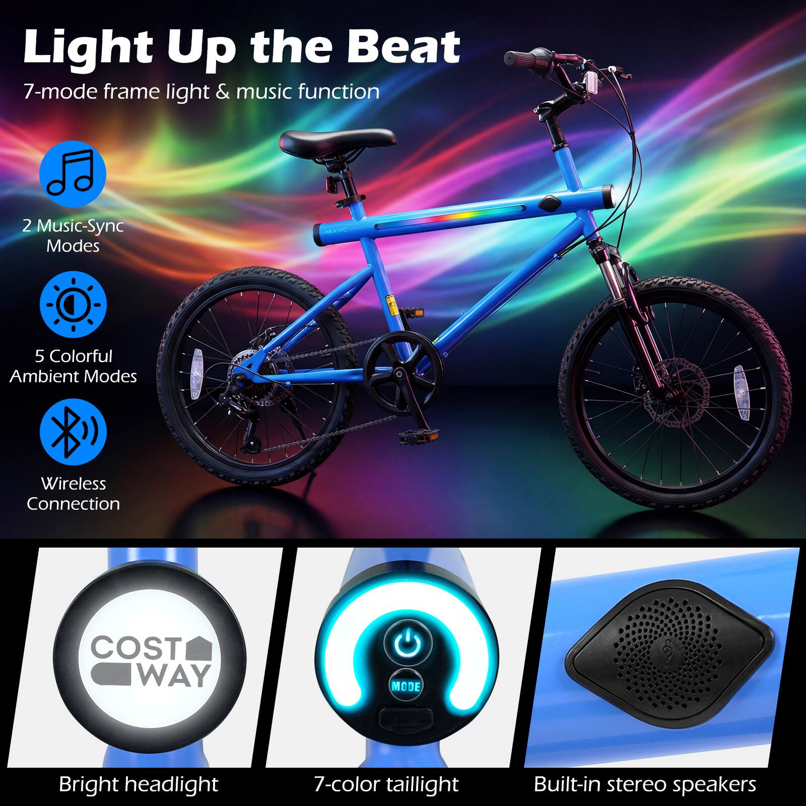 Light Up the Beat  
7-mode frame light & music function  
2 Music-Sync Modes  
5 Colorful Ambient Modes  
Wireless Connection  

Bright headlight  
7-color taillight  
Built-in stereo speakers  

COST WAY MODE