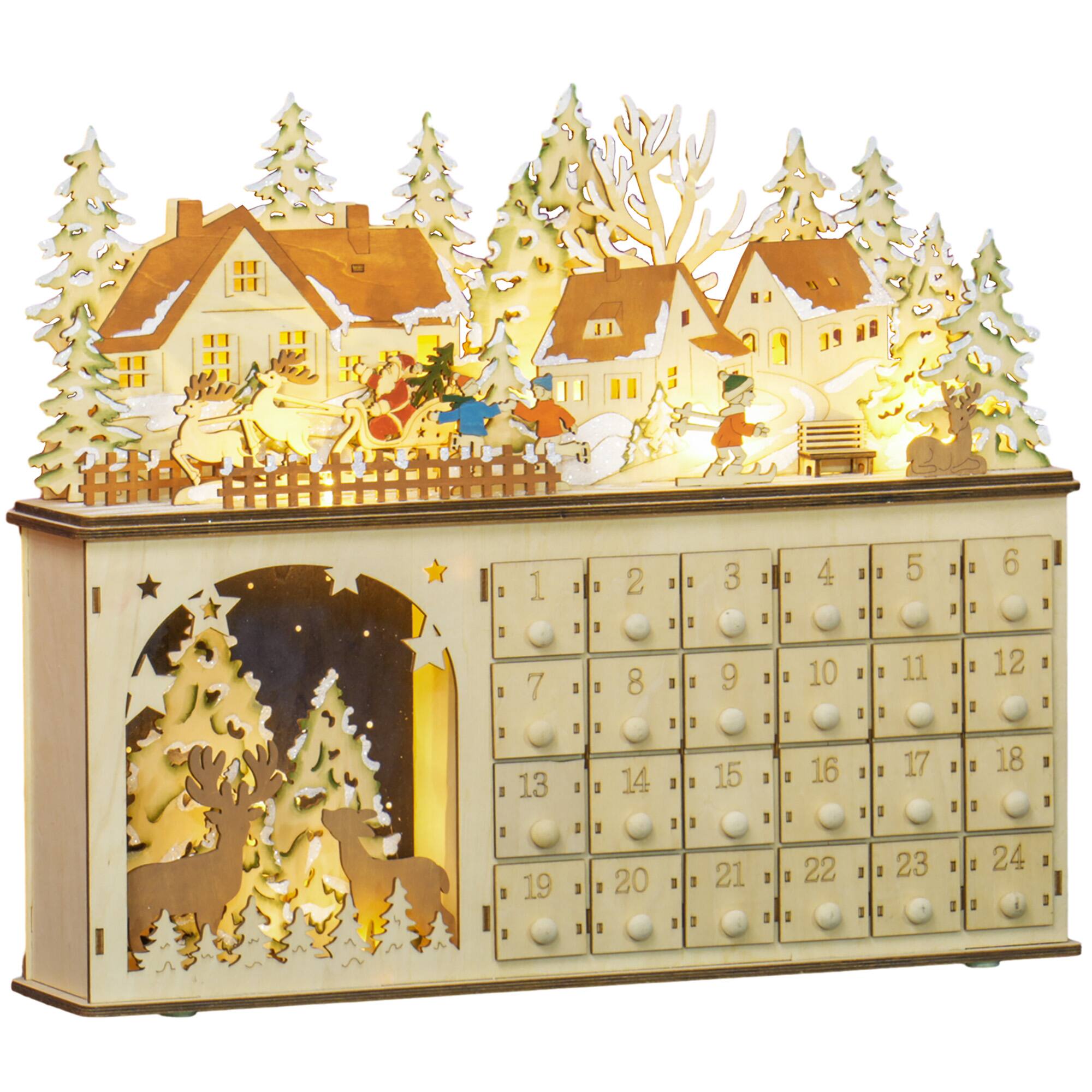 TinyHomie - HOMCOM Light Up Wooden Christmas Advent Calendar 24 Drawers LED Lights Natural - White