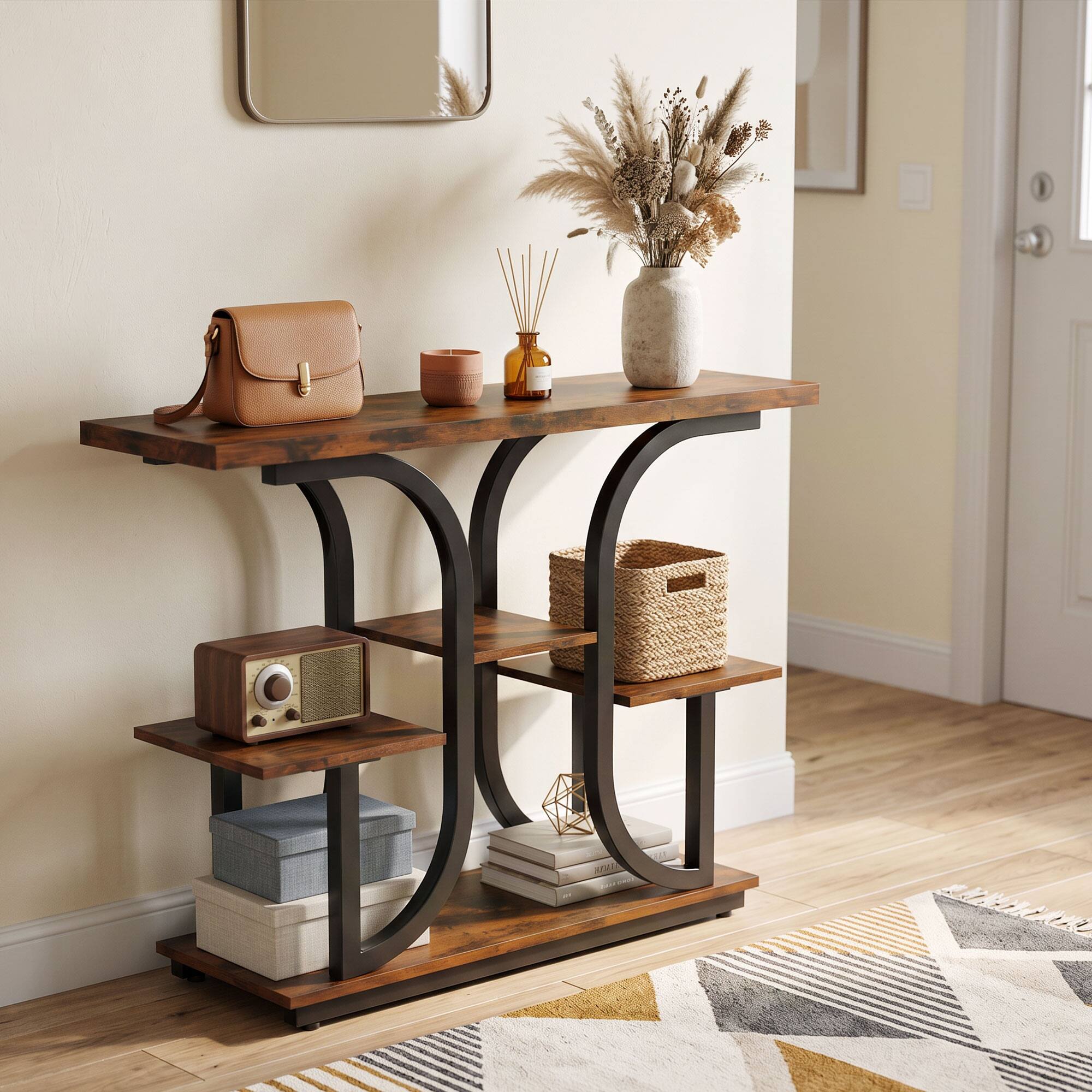 Alt View 8. Homcom - Modern Console Table, 3-Tier Narrow Entryway Table with Open Storage Shelves for Entryway - Rustic Brown.